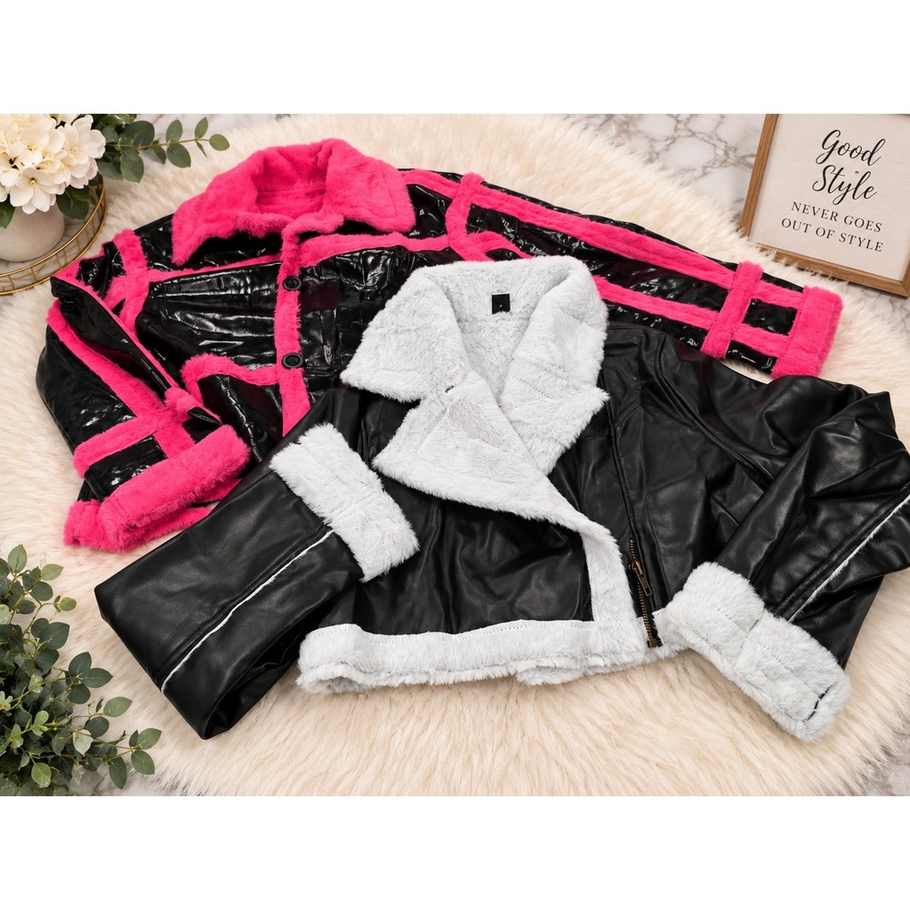 SHEIN Faux Leather Fur Jackets – Size 4 US – Hot Pink & White Trim – Bundle